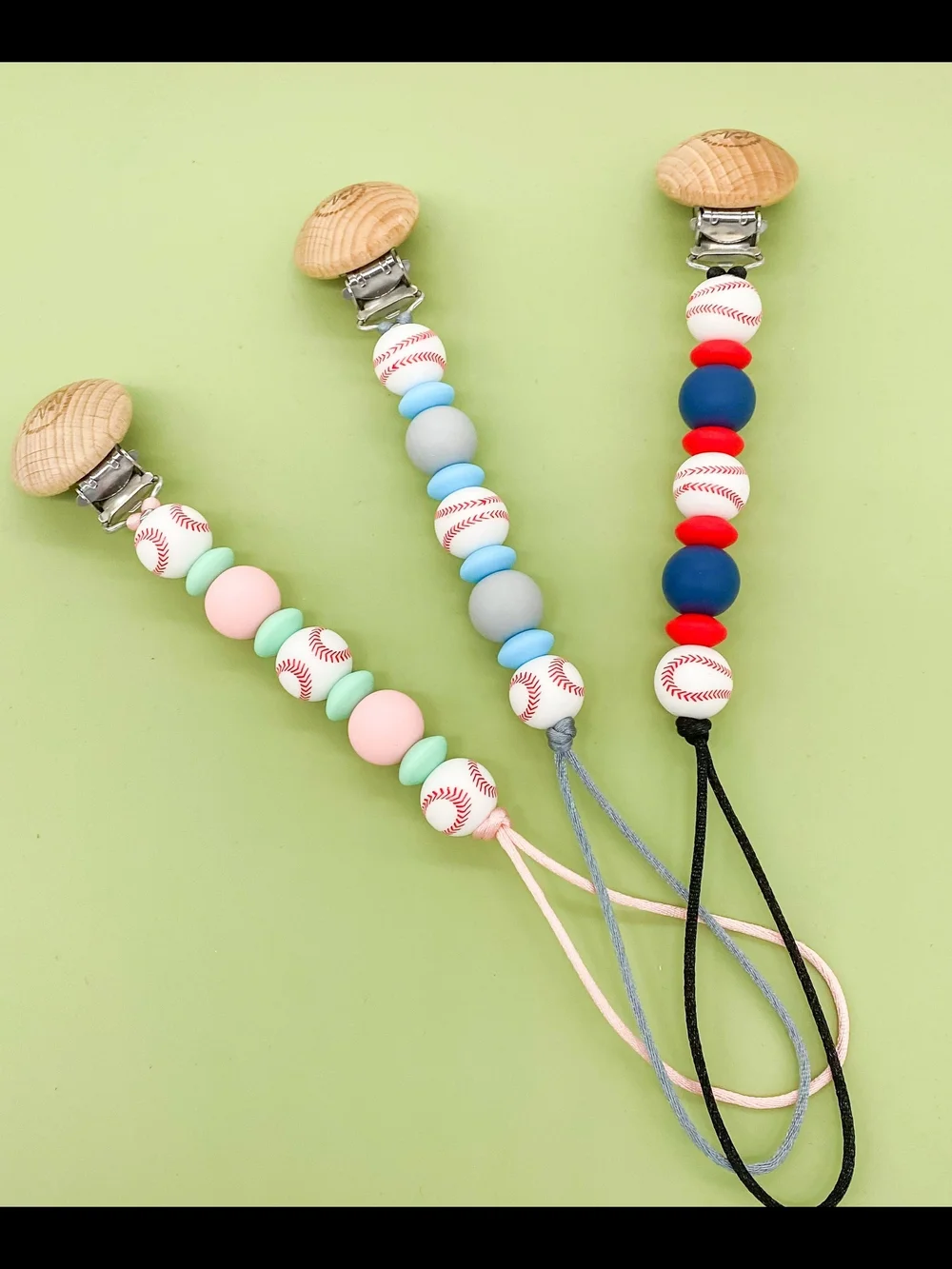 Kids Silicone Baseball Bead Pacifier Clip - Blue, Pink, Gray